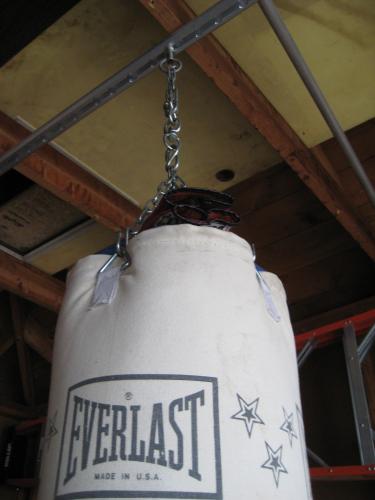 Heavy Bag Hanging from a TuffRail®  Overhead Rail.